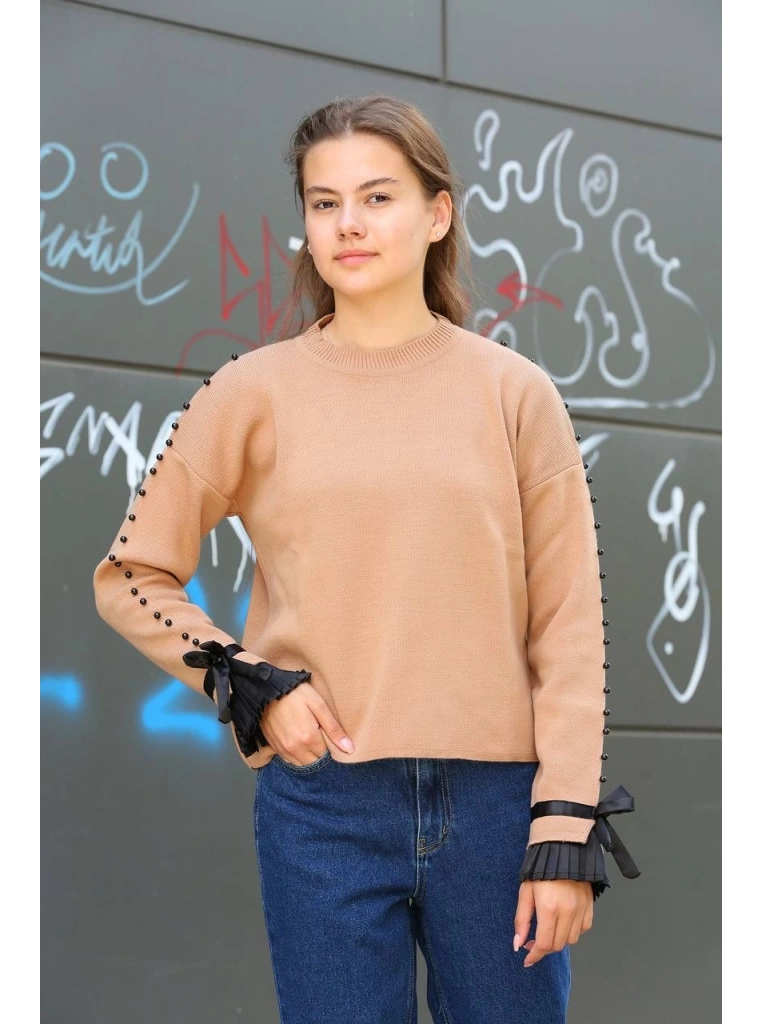 Boncuklu bile detaylı kazak vizon