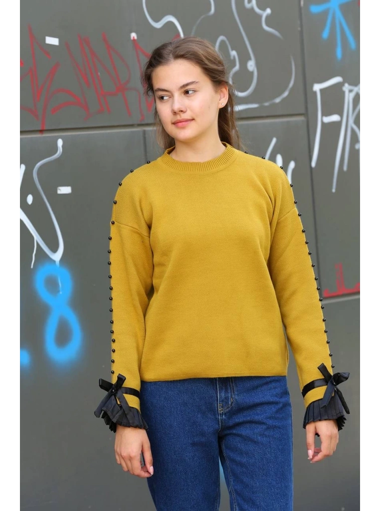 Boncuklu bile detaylı kazak hardal