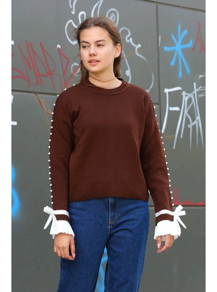 Boncuklu bile detaylı kazak kahve