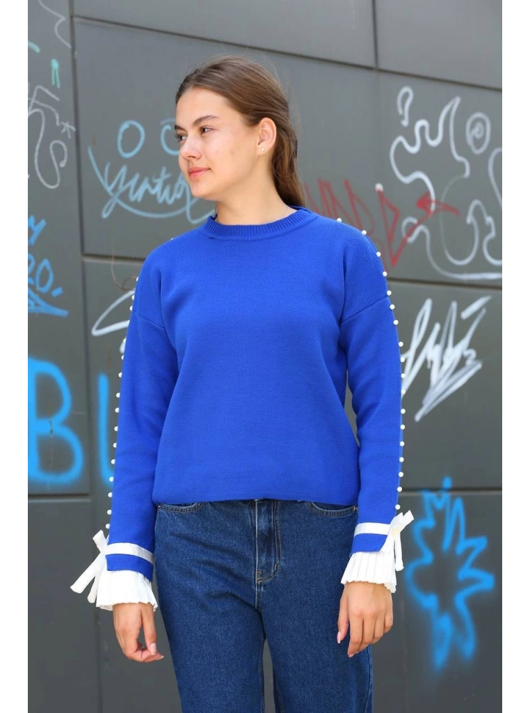 Boncuklu bile detaylı kazak saks mavisi