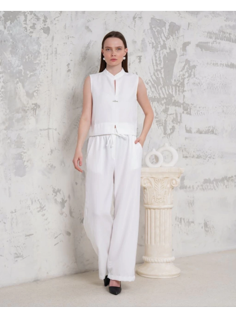 Broşlu yelek pantolon takım beyaz s255821