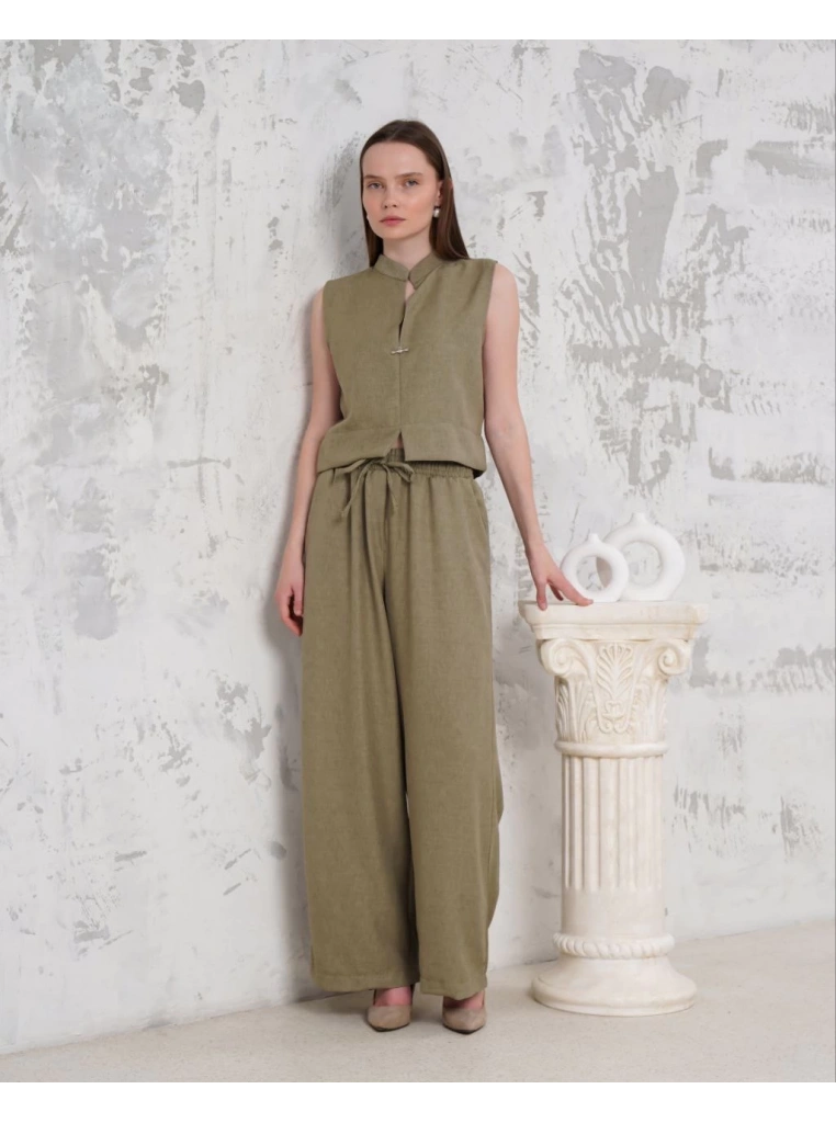 Broşlu yelek pantolon takım haki s255821