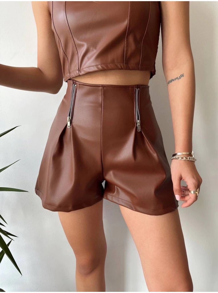 Çift fermuarlı deri şort kahve h24394