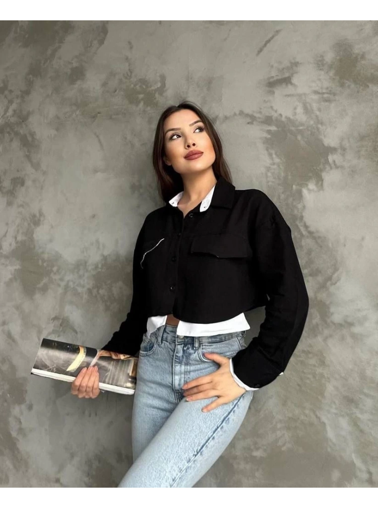 Çift renkli kısa gömlek siyahbeyaz s4021