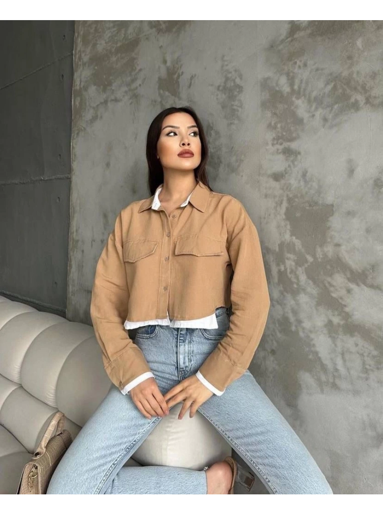 Çift renkli kısa gömlek vizonbeyaz s4021