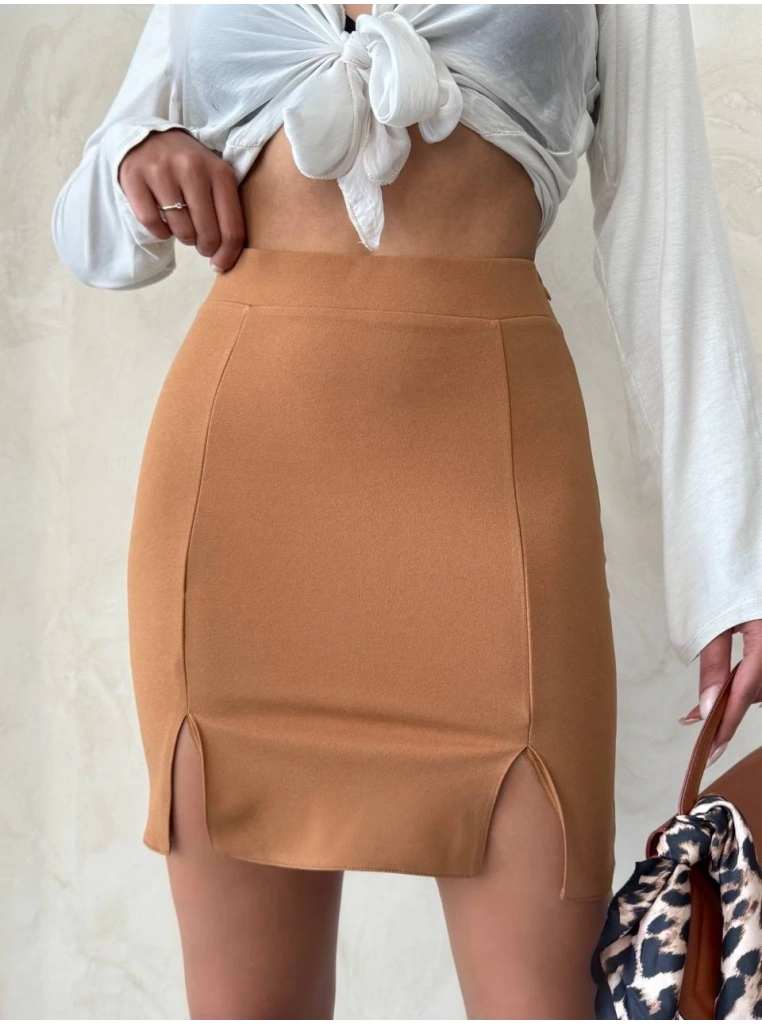 Çift yırtmaçlı etek camel s25910