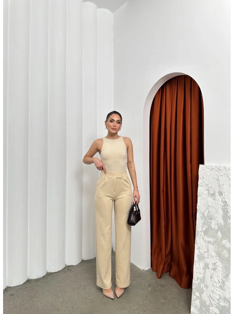Cırtlı pantolon krep bej pt