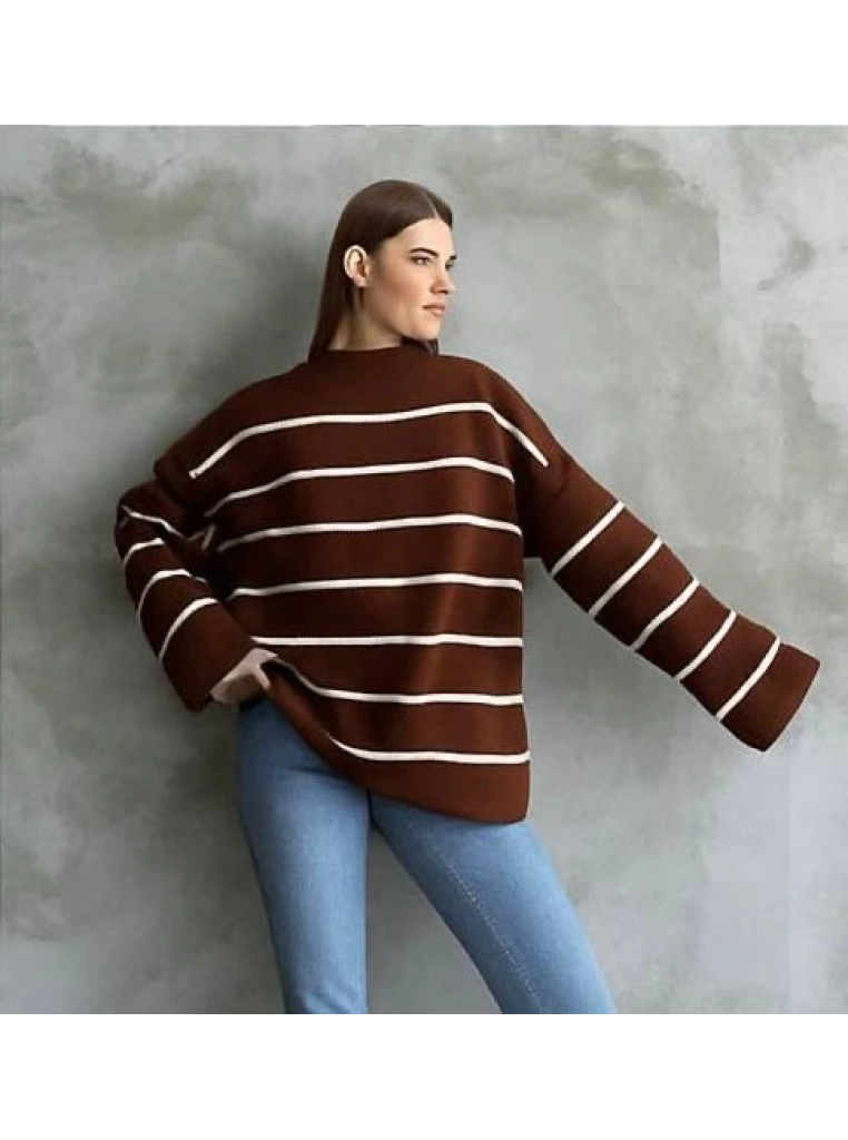 Çizgili ispanyol kol triko boğazlı kahve beyaz elf
