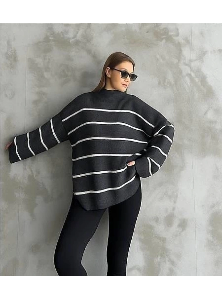 Çizgili ispanyol kol triko boğazlı kazak antrasit elf