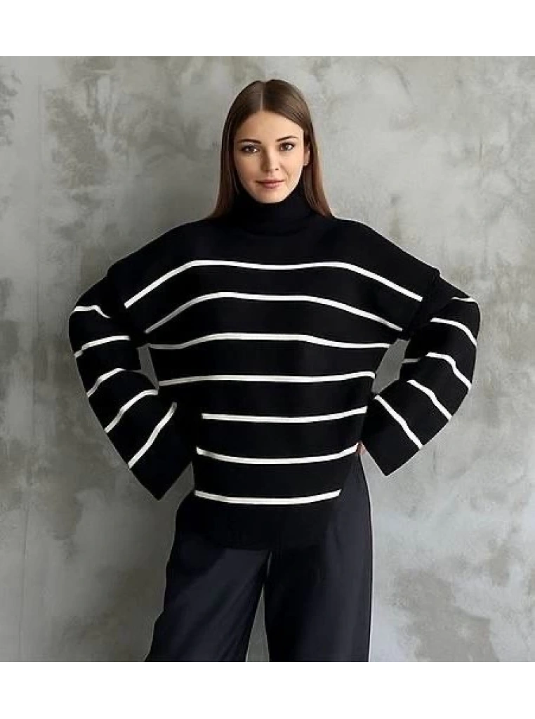 Çizgili ispanyol kol triko boğazlı kazak siyah elf