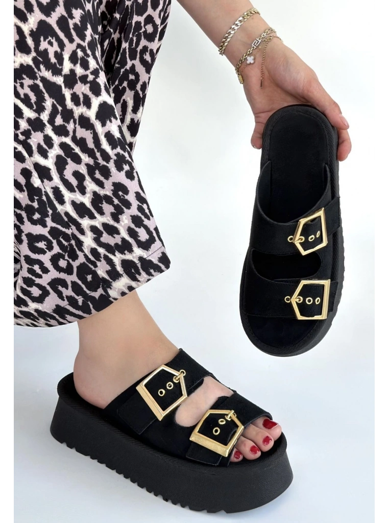 Coer Siyah Süet Çift Tokalı Terlik