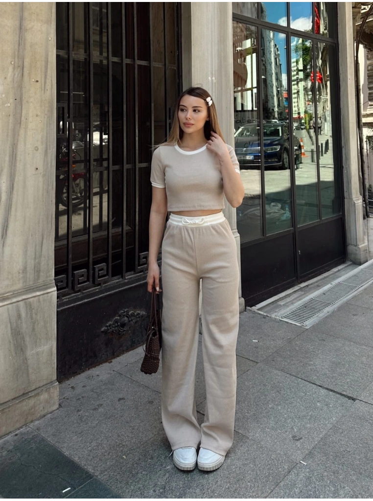 Crop pantolon biyeli takım bej
