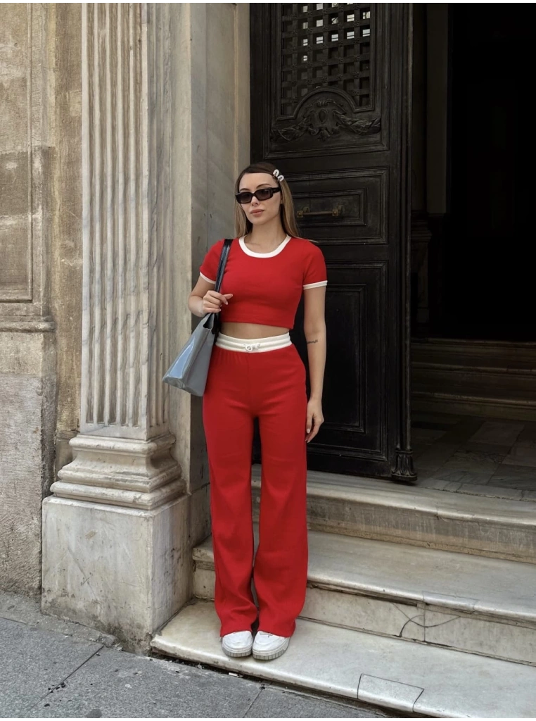 Crop pantolon biyeli takım kırmızı