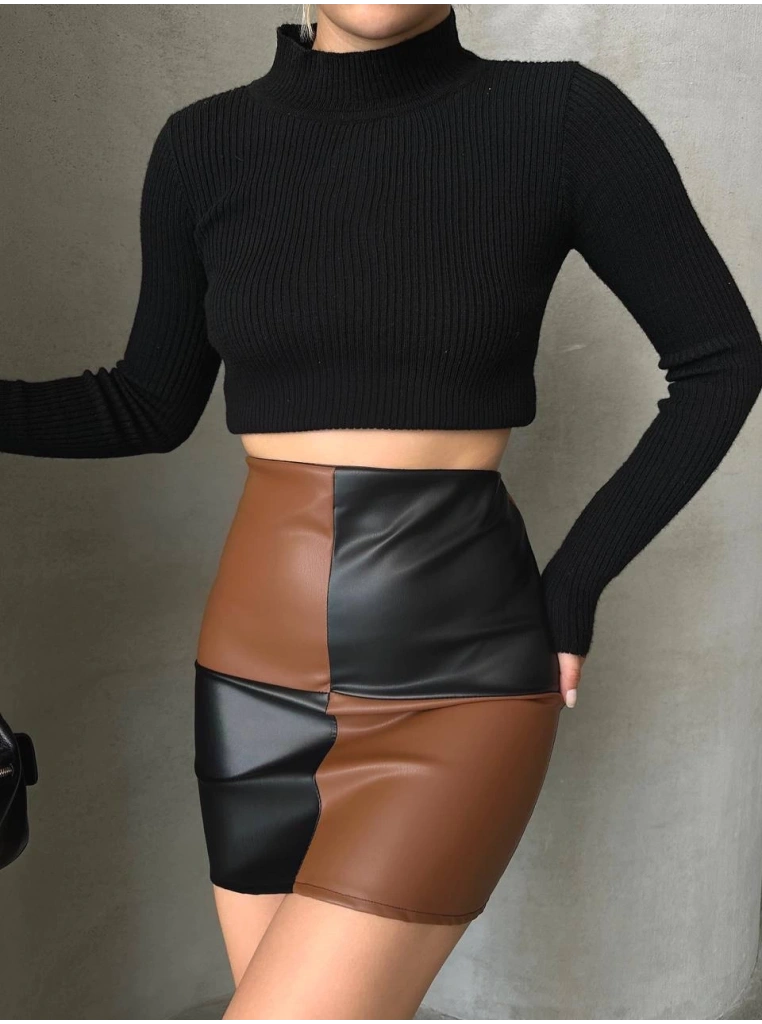 Damalı deri etek siyah kahve w24648