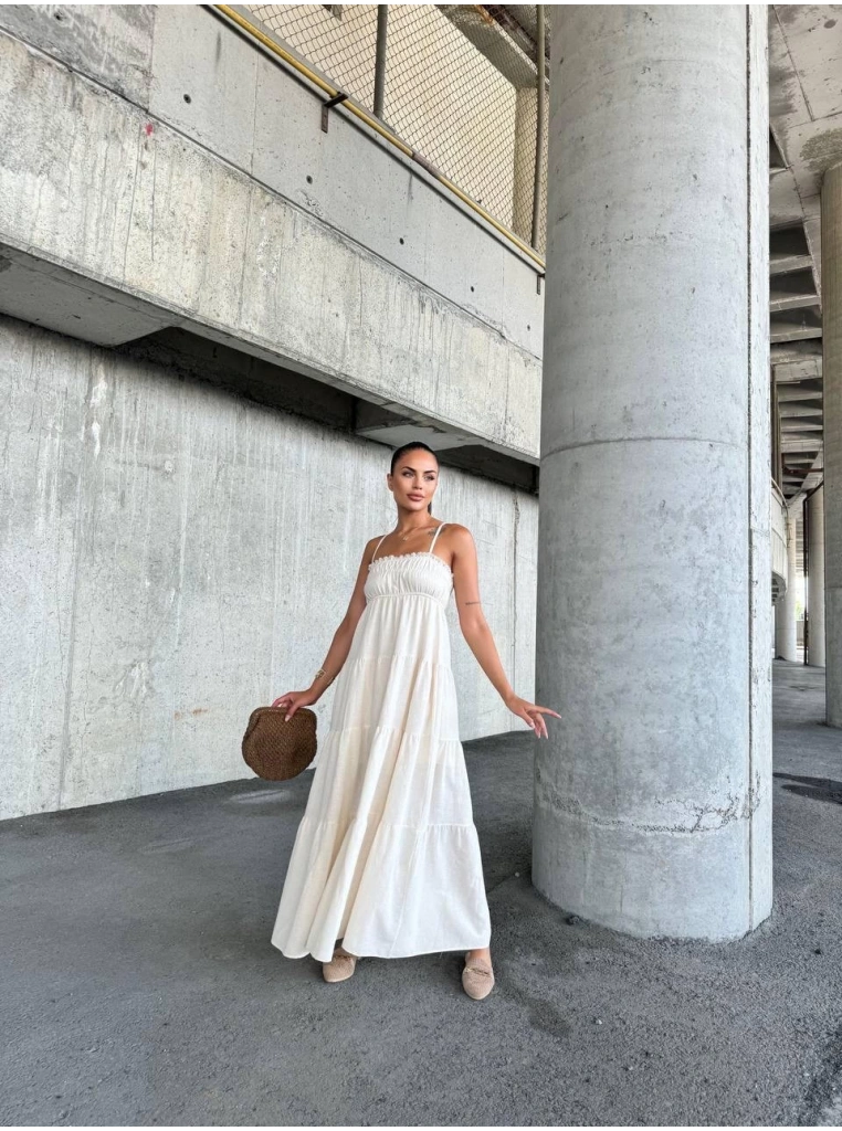 Dantelli askılı keten elbise s4310