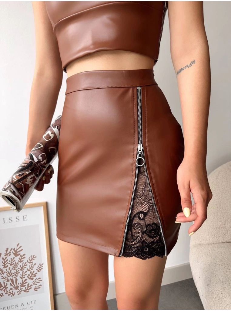 Dantelli fermuarlı deri etek kahve w24598