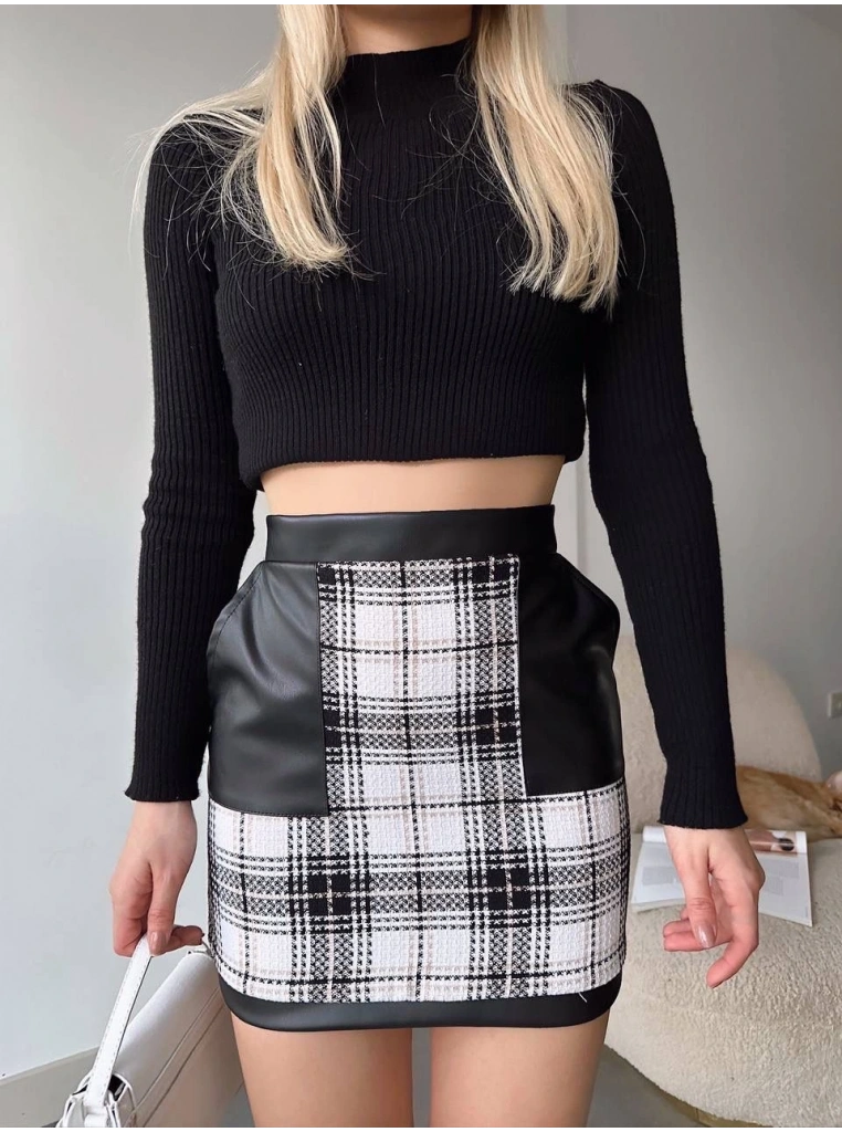 Deri cep garnili kaşe etek siyah h24604