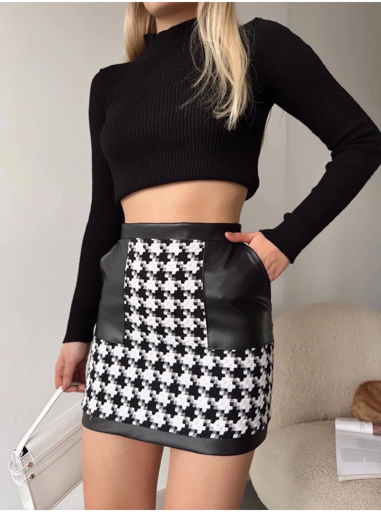 Deri garnili kaz ayağı kaşe etek siyah h24604