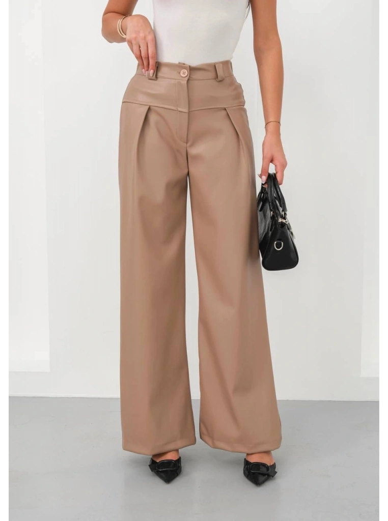 Deri geniş paça beli lastikli pantolon bej h263644