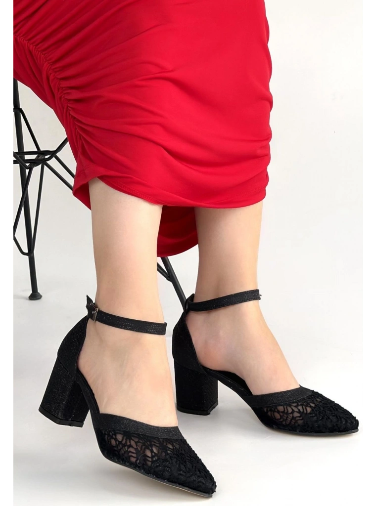 Dmop Siyah Cilt Simli Tül Detaylı Topuklu Ayakkabı