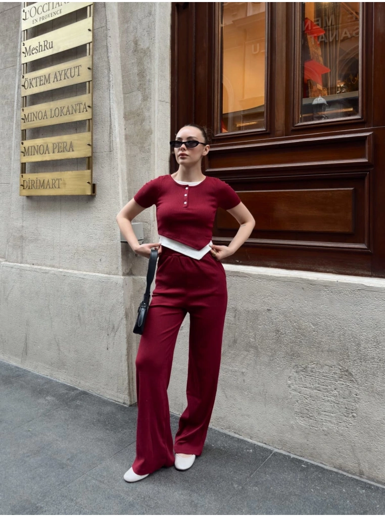 Düğme yakalı bordo alt üst takım s3943