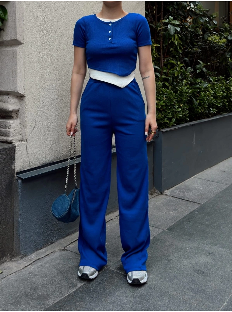 Düğme yakalı saks alt üst takım s3943