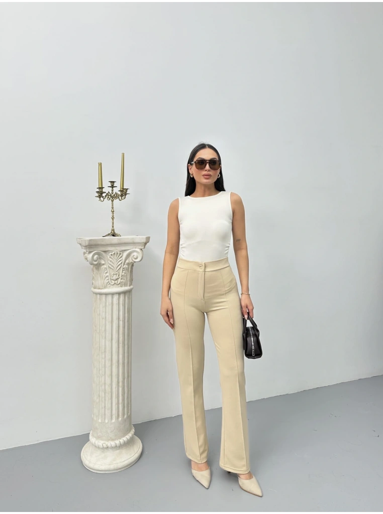 Düğmeli Palazzo pantolon bej p170091