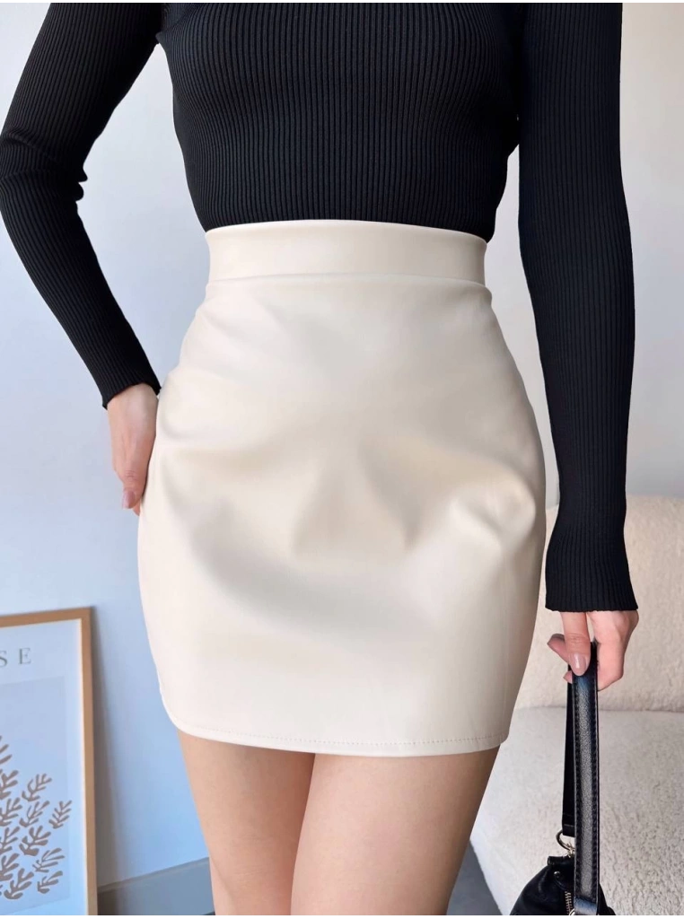 Düz deri etek bej h24468