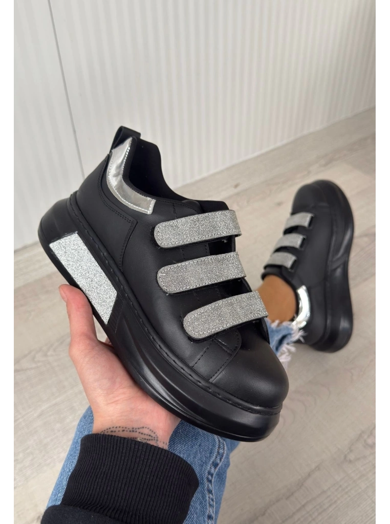 Elika Siyah Cilt Simli Cırt Cırtlı Spor Ayakkabı