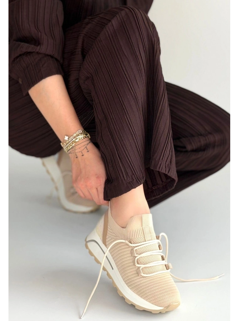 Feort Bej Triko Bağcıklı Spor Ayakkabı