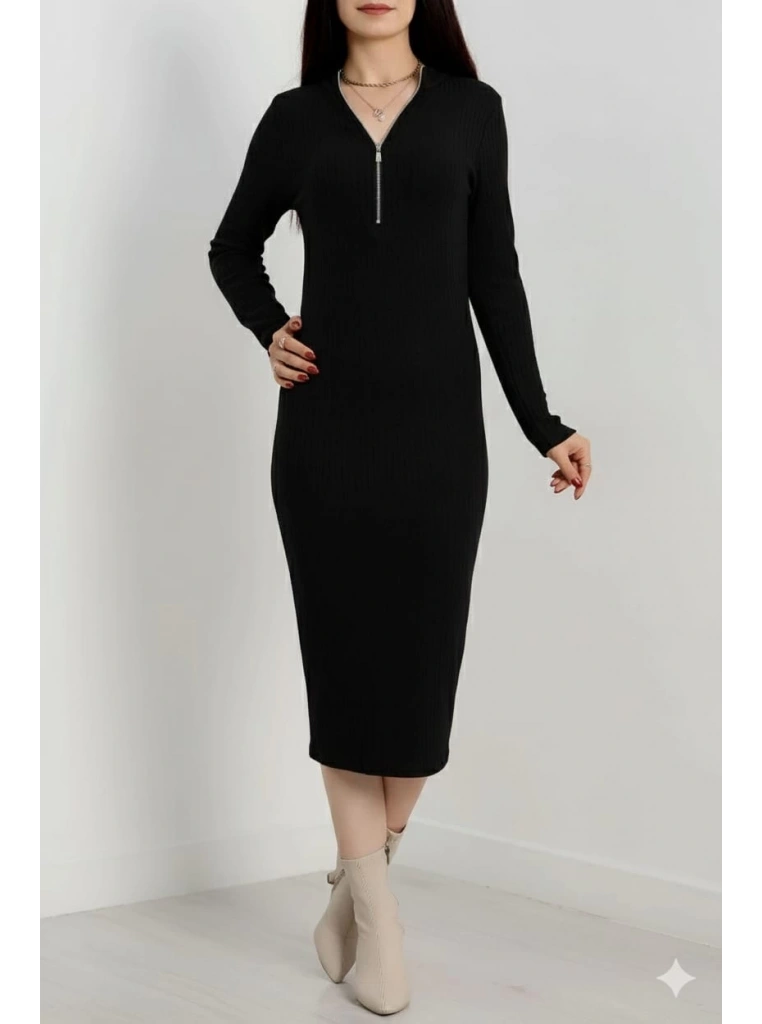 Fermuar detaylı fitilli şardonlu elbise siyah a3178