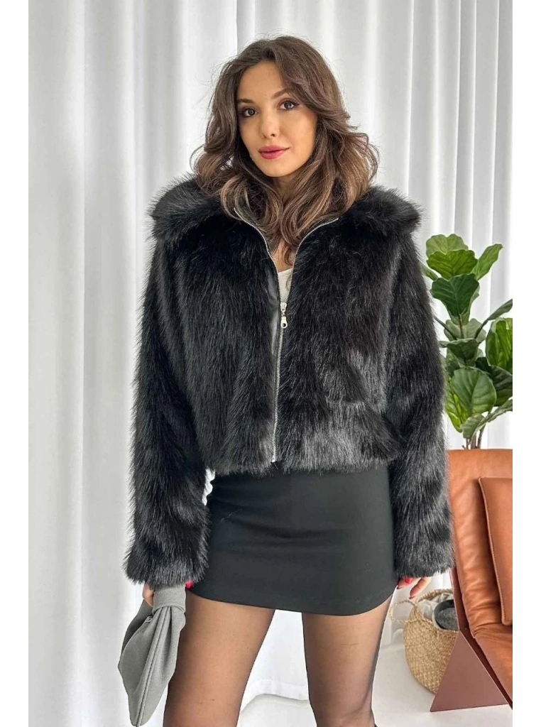 Fermuarlı kısa kürk siyah t7746