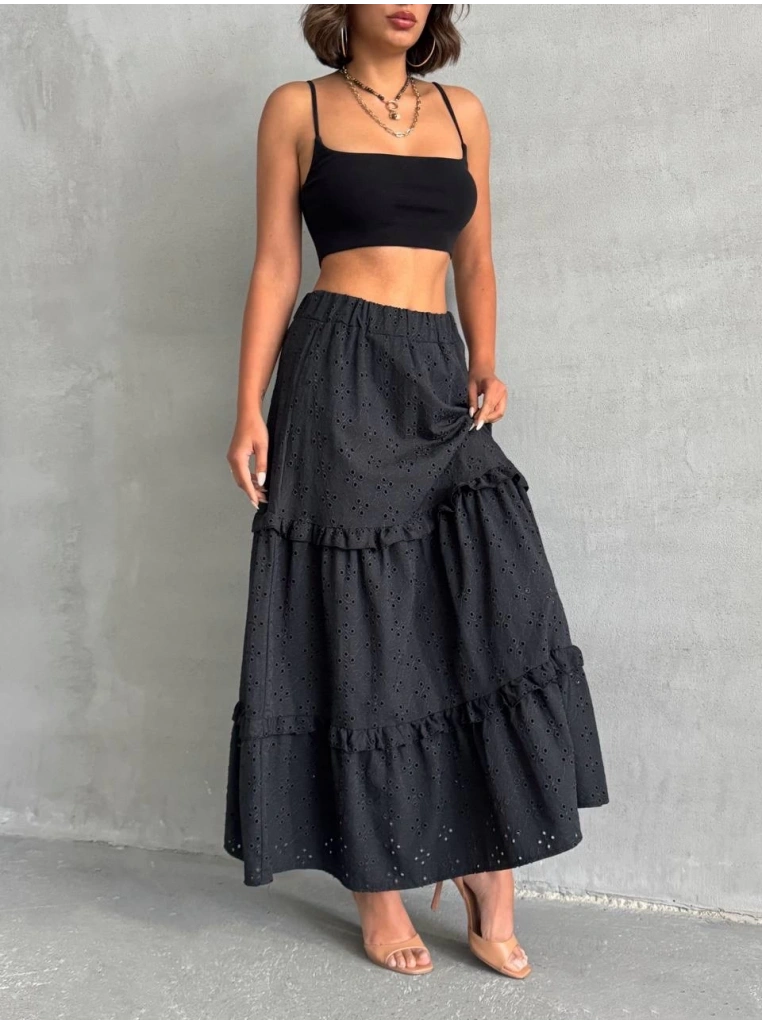 Fırfırlı brodeli astarlı uzun etek siyah s255047