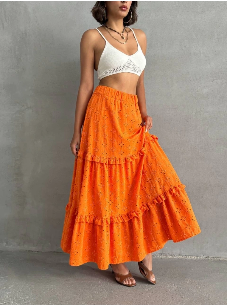 Fırfırlı brodeli astarlı uzun etek turuncu s255047