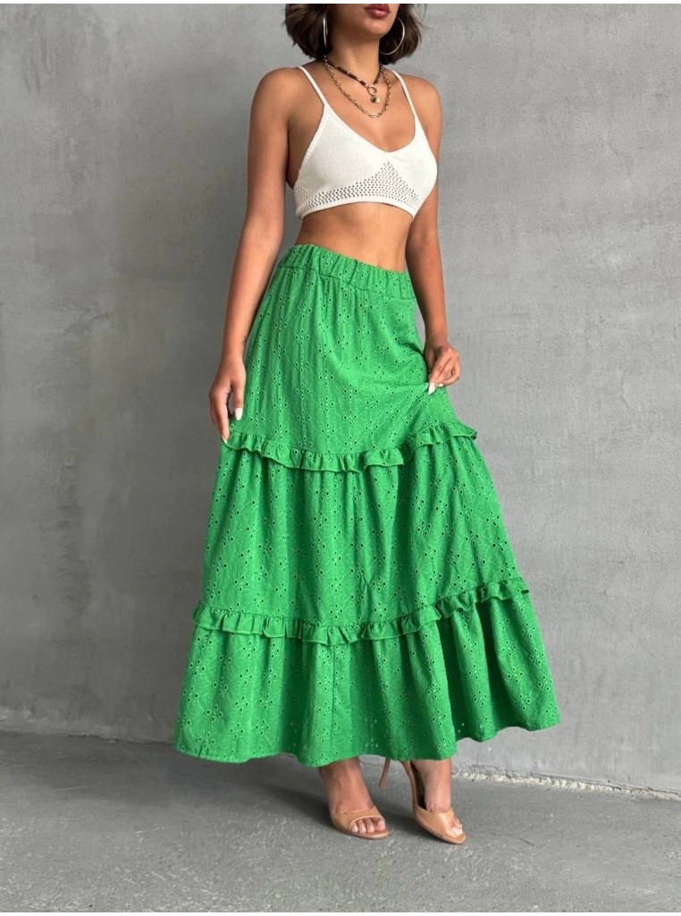 Fırfırlı brodeli astarlı uzun etek yeşil s255047