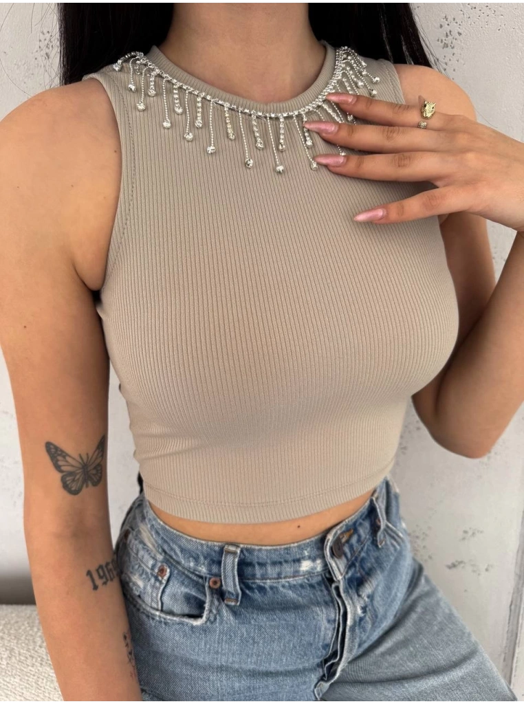 fitilli kaşkorse yakası zincirli atlet vizon