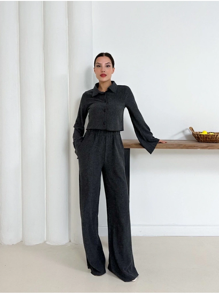 Gömlek yaka kaplama düğmeli takım antrasit st265866