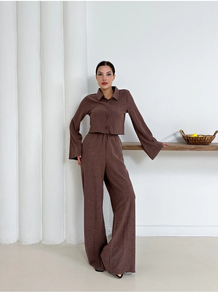 Gömlek yaka kaplama düğmeli takım kahve st265866