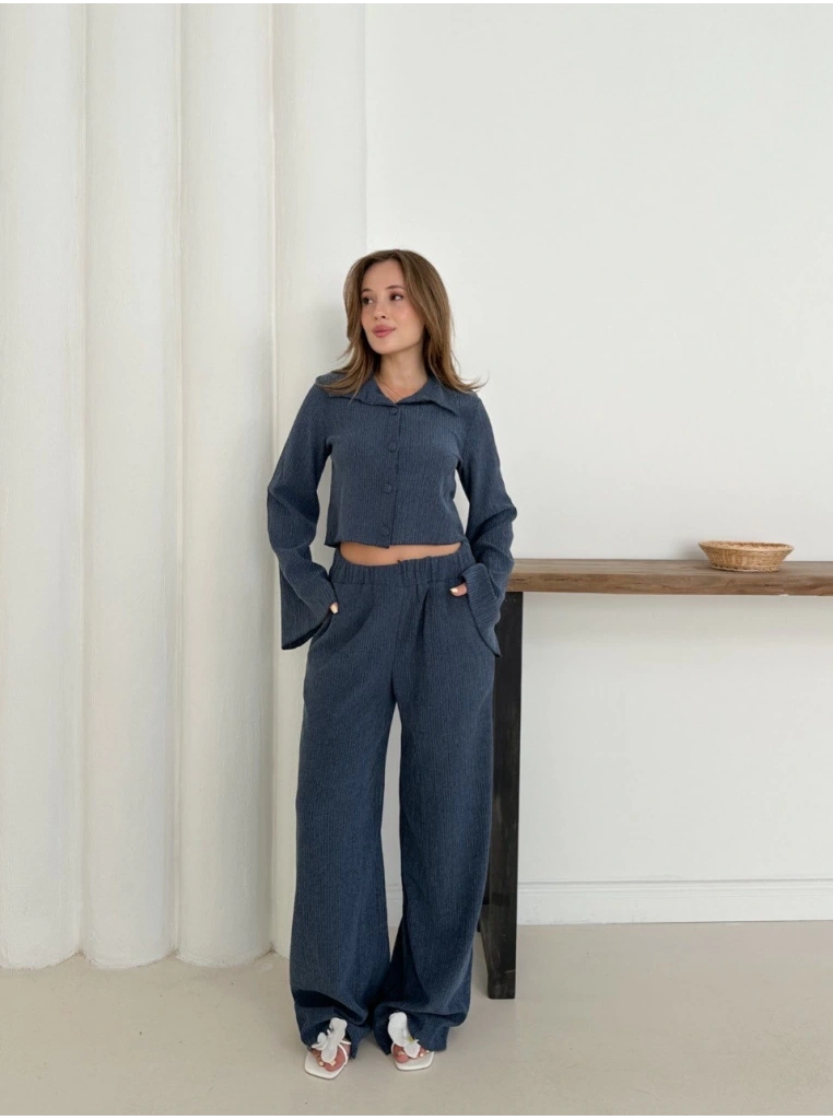 Gömlek yaka kaplama düğmeli takım lacivert st265866