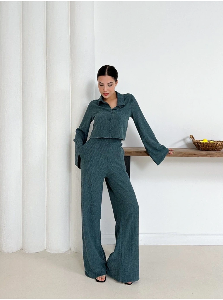 Gömlek yaka kaplama düğmeli takım petrol yeşili st265866