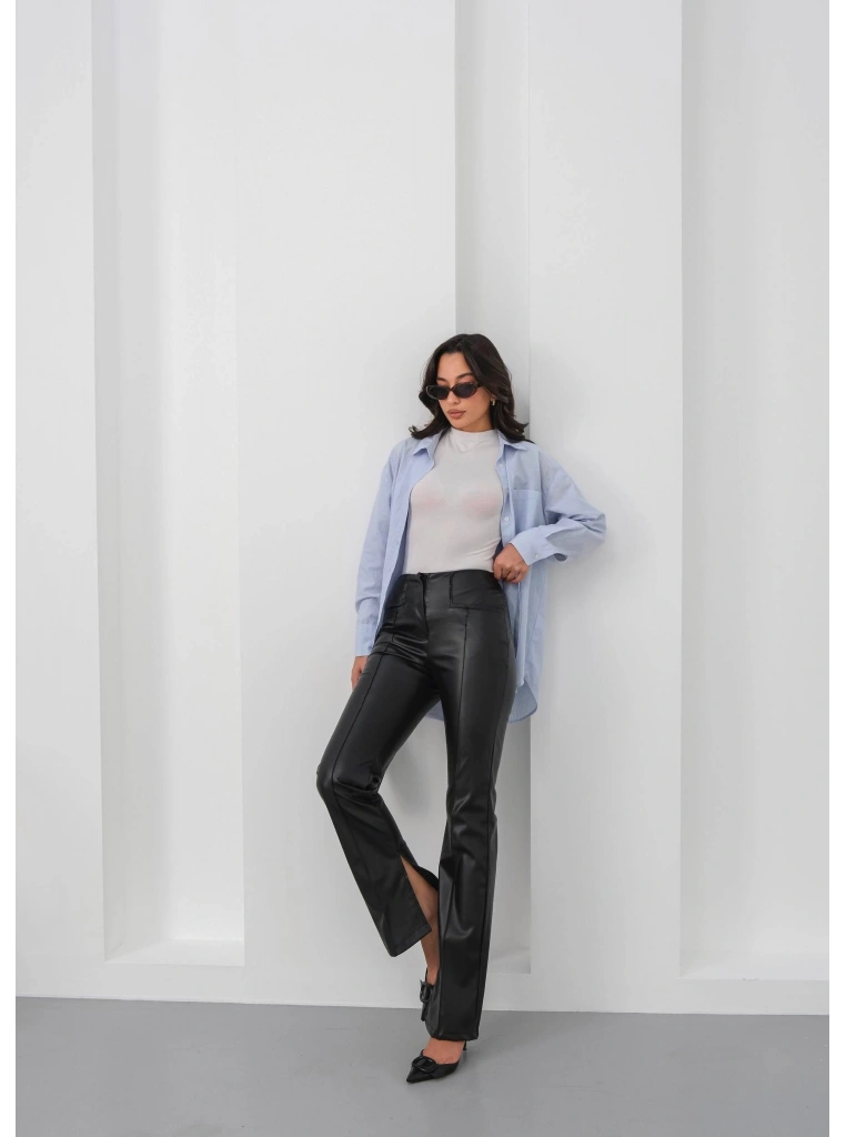 İspanyol yırtmaçlı paça deri pantolon siyah hn