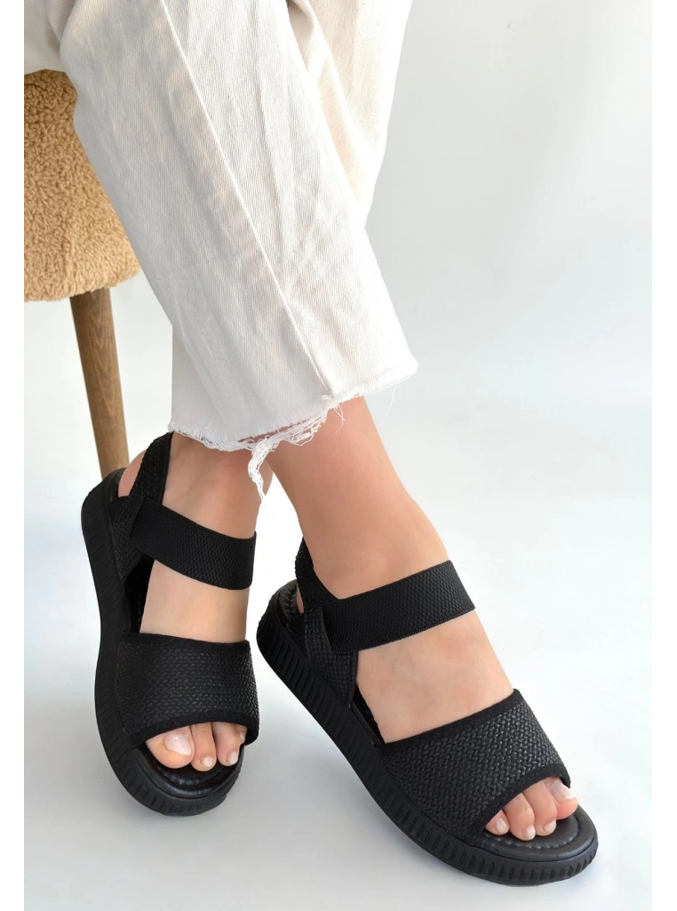 Jake Siyah Hasır Cilt Sandalet