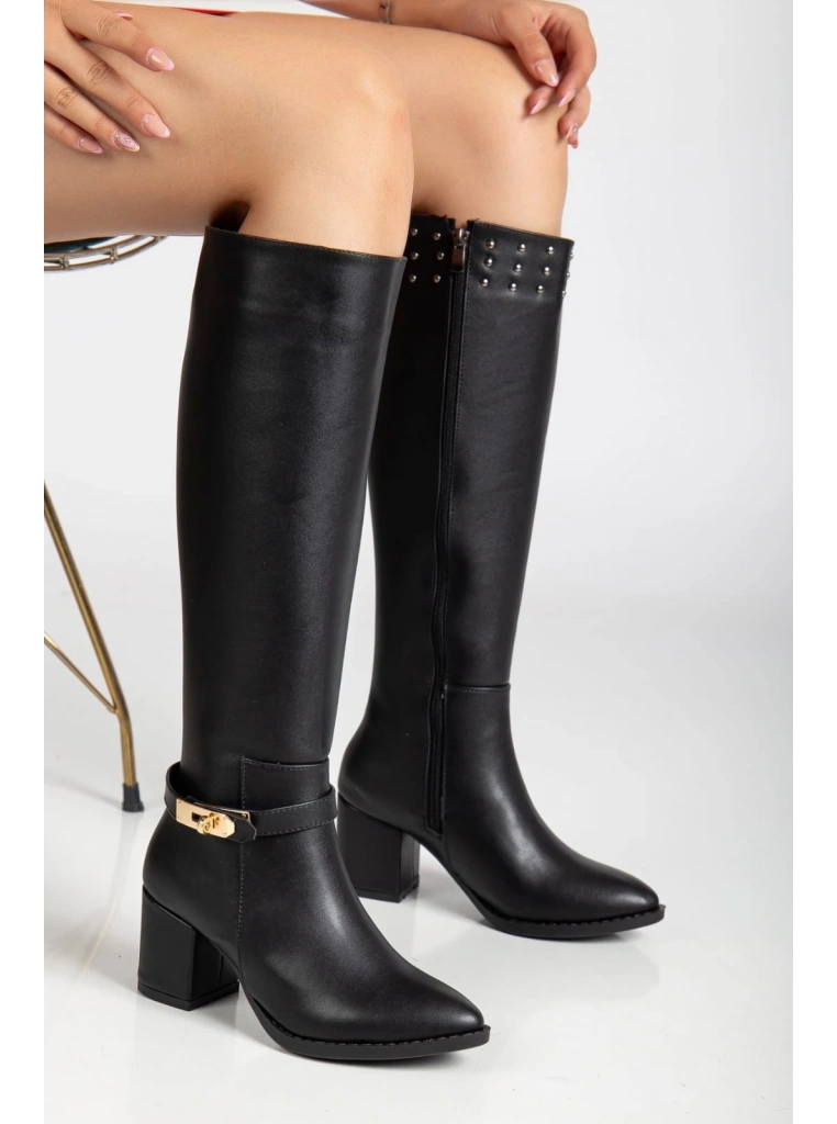 Jeoli Siyah Cilt Topuklu Çizme