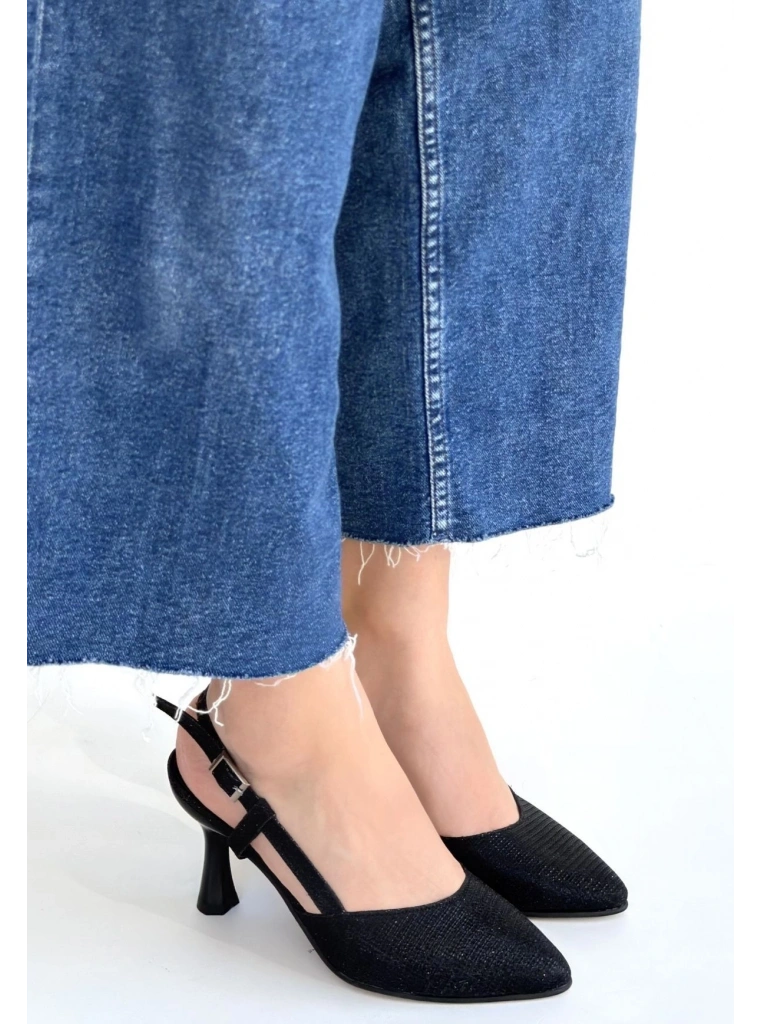 Joga Siyah Saten Simli Topuklu Ayakkabı