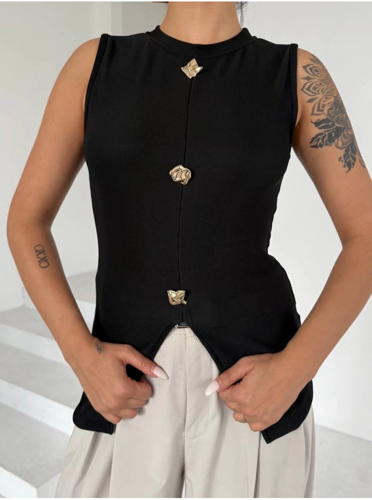 Kadın siyah bisiklet yaka gold düğmeli ottoman bluz s2310