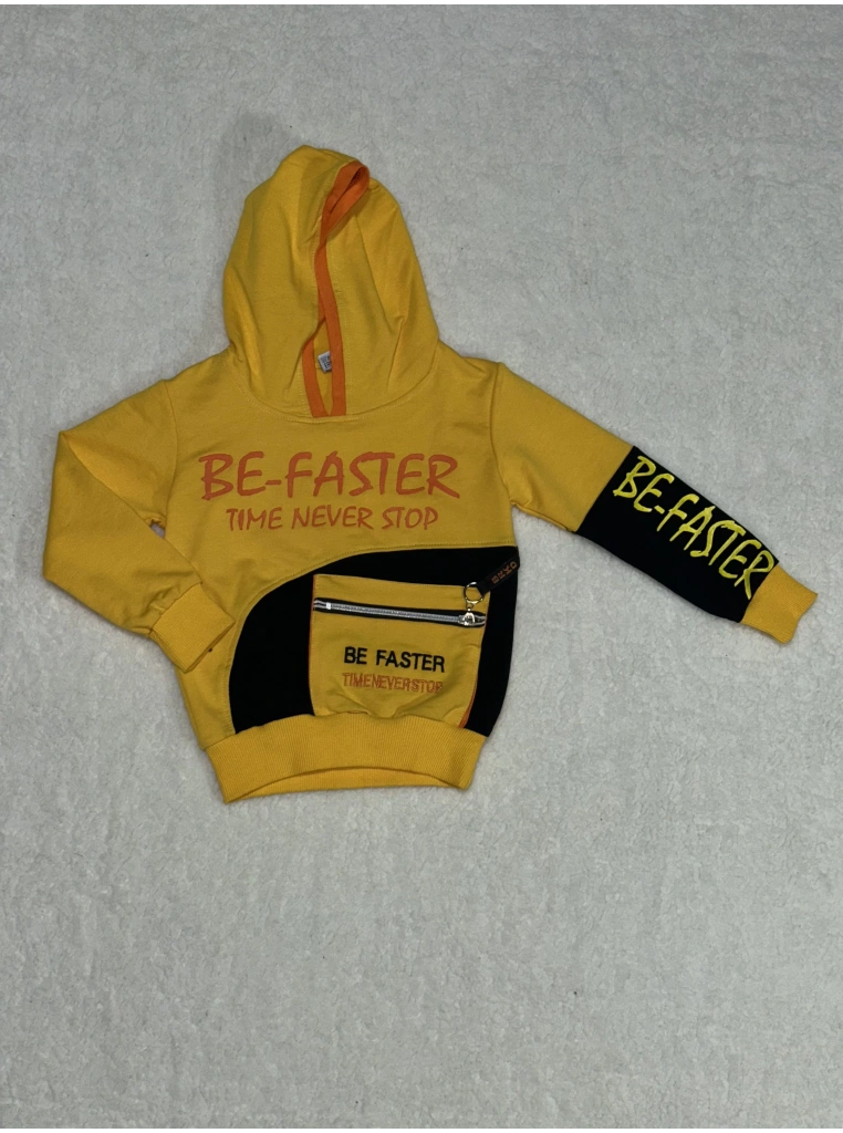 Kapşonlu önü fermuarlı  bf baskılı Sweet shirt erkek çocuk sarı