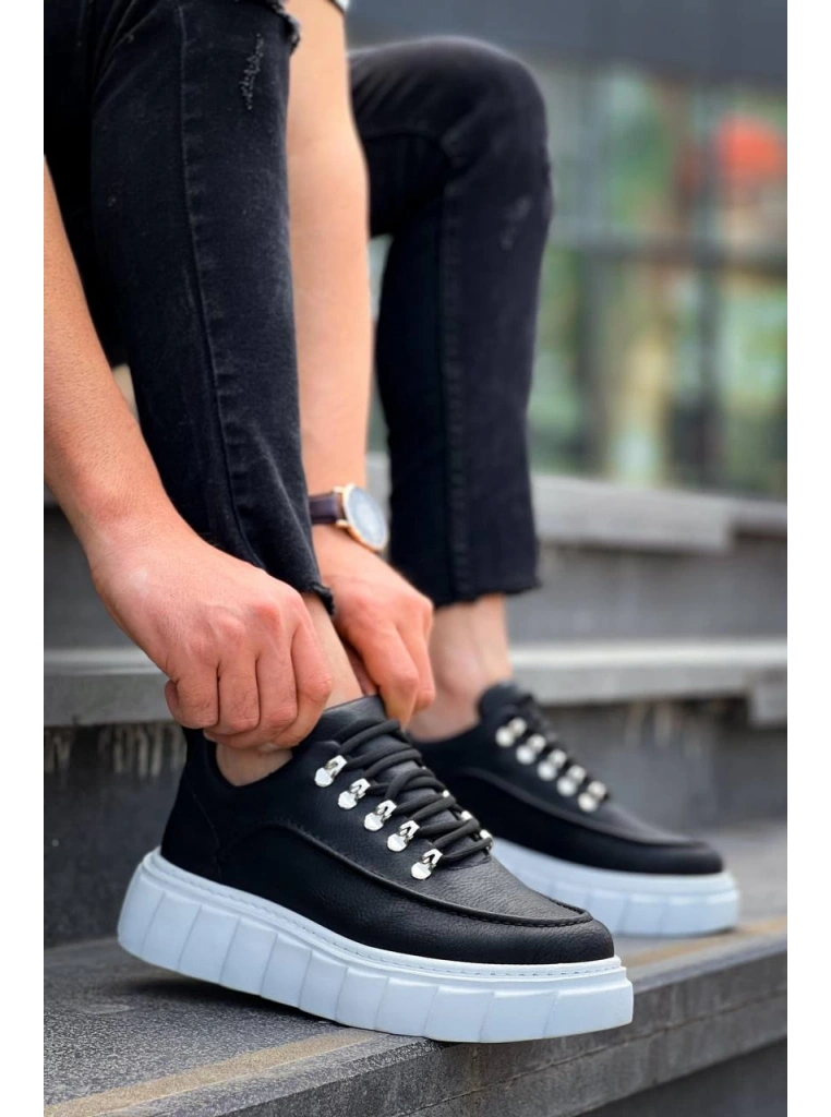 KB-X10 Kuback Siyah Cilt  Beyaz Yüksek Taban Günlük Spor Ayakkabı