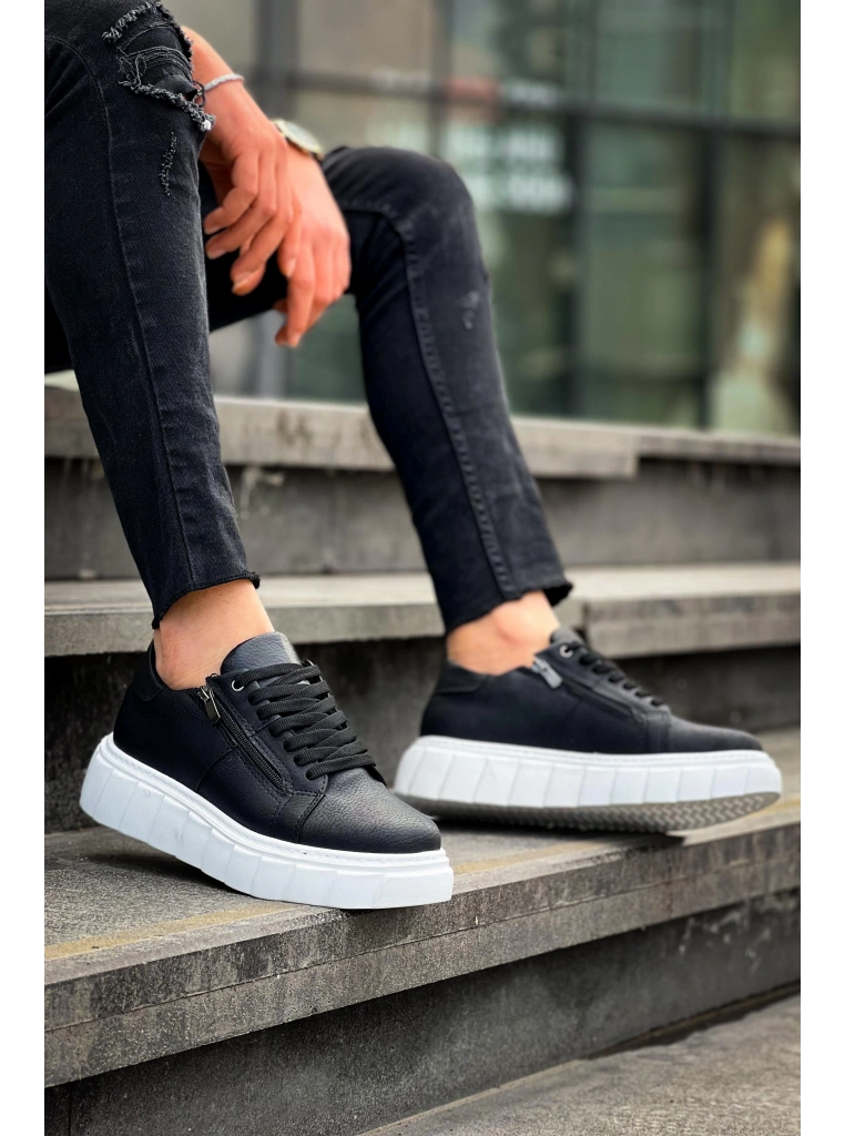 KB-X155 Kuback Siyah Cilt Detaylı Beyaz Yüksek Taban Günlük Spor Ayakkabı