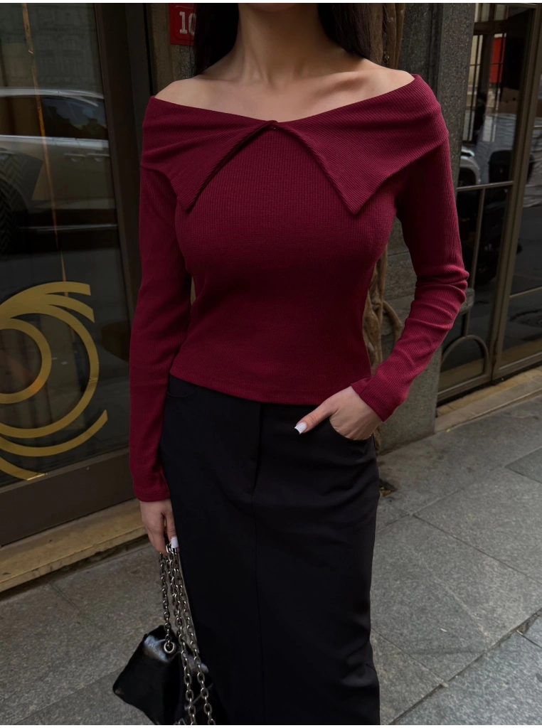 Kelebek yaka uzun kol bluz bordo