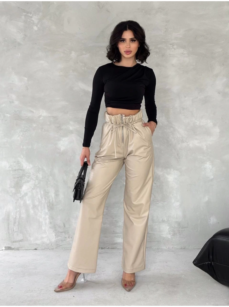 Kendinden ince kemerli deri pantolon bej t1178